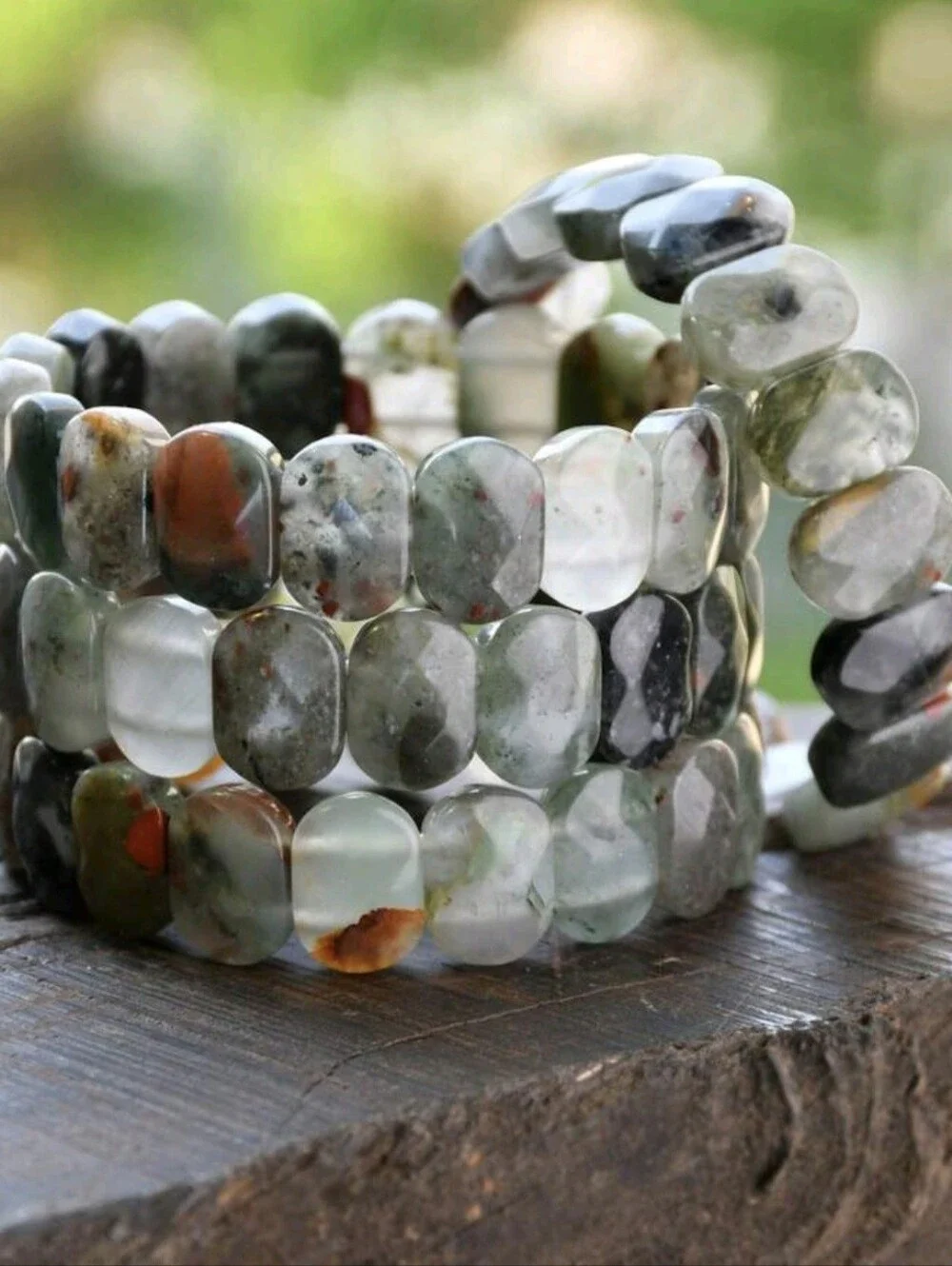 🩶🩶NEW🩶🩶 PRETTY!! Faceted Natural Stone MOSS AGATE Stretch Bracelet